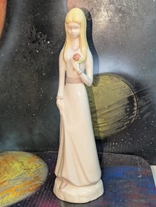 13" Unbranded Tall Vintage Blonde Girl Figure, Red Rose, Added Clay/Putty Weight - Picture 1 of 19