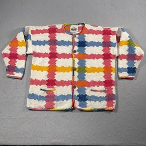 Amano Sweater Women Medium Handknit Cotton Plaid Multicolor Button Front - Picture 1 of 11