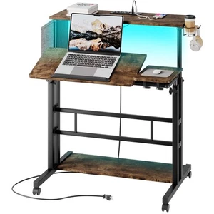 Mobile Standing Desk with Power Outlets & Strip Lights, Rolling Computer Tabl... - Picture 1 of 8