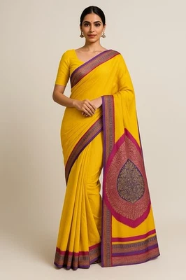 VTG Sari Saree Bandhani Gauri Store India Yellow Pink Purple Border  Lightweight - Image 1 of 4