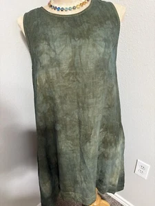 Magic Linen Designer Green Linen Sleeveless High-Low Scoop Shift Dress Pocket XL - Picture 1 of 9