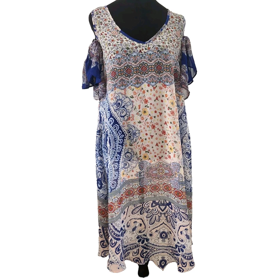 Vestido New Direction Paisley Azul Caftán Geométrico Gasa Boho Transparente Moomoo Talla L Foto 1 de 4