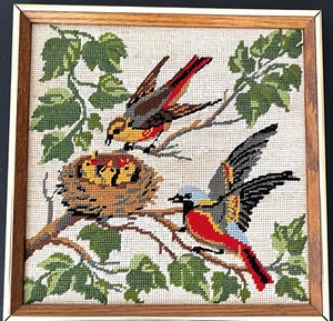 Framed Needlepoint Art Birds Feeding Babies in Nest 13 x 13 - Picture 1 of 6