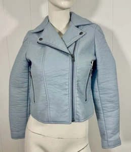 Ann Taylor Women’s Sky Blue Faux Leather Moto Jacket Size Small Petite - Picture 1 of 16