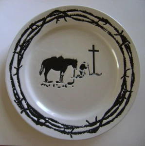 Rainbow Trading Company SALAD PLATE Man Donkey Cross Barbed Wire 7 3/4" Diameter - Picture 1 of 4