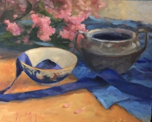 STILLLEBEN MIT HORTENSIEN, silber, blau, violett Original Öl, Aycock 16X20 - Bild 1 von 6