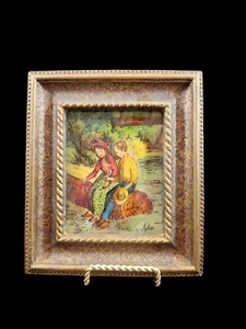 Genuine Artini Enamel Wall Art Boy Girl Sitting on Log Hand Painted Framed 7.5" - Picture 1 of 8