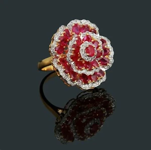 925 Argento Sterling Rubino Naturale Gemme Anello Fiore Fatto Design Diamante - Foto 1 di 4