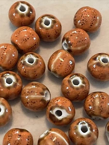 25 Handmade Ceramic Round Melon Beads Rusty Burnt Orange Mottled - Picture 1 of 4