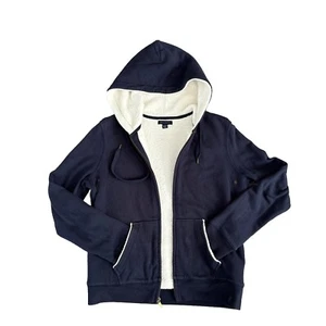 Tommy Hilfiger Blue Full Zip Hoodie Sherpa Fleece Faux Fur Hood Vintage Women M - Picture 1 of 6