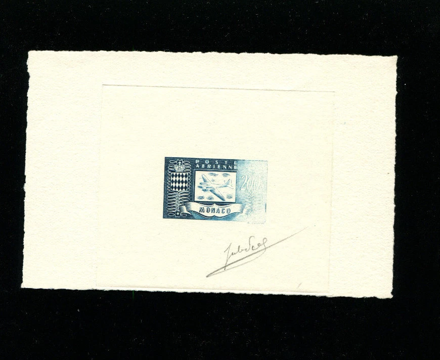 Monaco 1946 Aviation Airmail Scott  C13  Signed Sunken Die Artist Proof    - Image 1 of 1