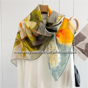 Sallys 100% Pure Silk Wrap Shawl Bandanna Flowers Print Square Scarf 110cm - Picture 1 of 9
