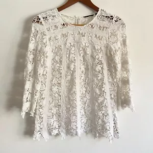 Massimo Dutti Lace Cotton Blouse Womens 38 (8-10) White Crochet Button Back - Picture 1 of 14