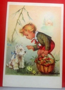Bambino con cane illustrazione Mariapia Cartolina RIPRODUZIONE - Foto 1 di 2