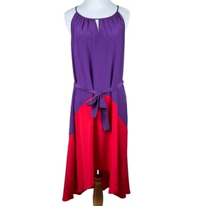 Antonio Melani Midi Dress 6 Purple Red Colorblock 100% Silk High Low Belted - Picture 1 of 13