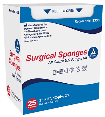 Dynarex Esponjas Quirúrgicas Estériles Todo Gasa, 3" x 3", 12 Capas, 2's - Caja de 50 Foto 1 de 2