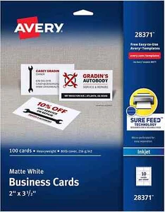 Tarjetas de visita imprimibles Avery con tecnología Sure Feed, 2" x 3,5", blancas, 100 - Imagen 1 de 9