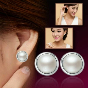 Classic 925 Sterling Silver Plated White Faux Pearl Round Button Stud Earrings - Picture 1 of 12