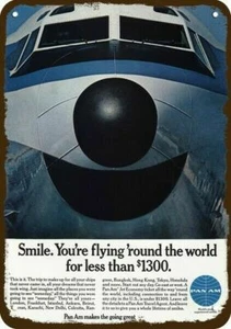 1968 PAN AM Airlines Smiling Jet Vintage-Look-Edge DECORATIVE REPLICA METAL SIGN - Picture 1 of 1