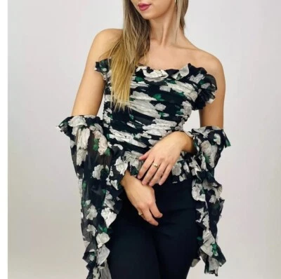 Bustier y bufanda chal vintage de seda Carolyne Roehm años 80 negro blanco floral Foto 1 de 4