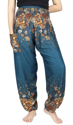 Lofbaz Women's Bohemian Smocked Pants Harem Clothing Hippy Boho Teal Green - M - Image 1 of 4