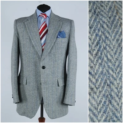 Mens Light Blue HARRIS TWEED Jacket 42L UK Herringbone Wool Sport Coat Blazer - Image 1 of 4