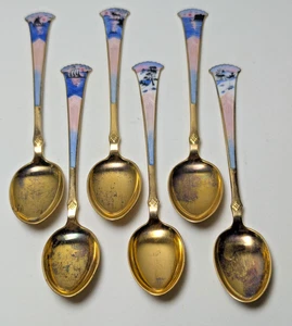 Set 6 Aksel Holmsen Enamel Norway 925S Demitasse Spoons Sterling Early/Mid 1900s - Picture 1 of 12