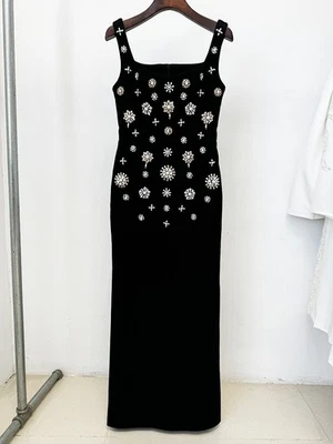 Celebrity-Inspired Black Beaded Rhinestone Bodycon Maxi Gown Dress - Image 1 of 4