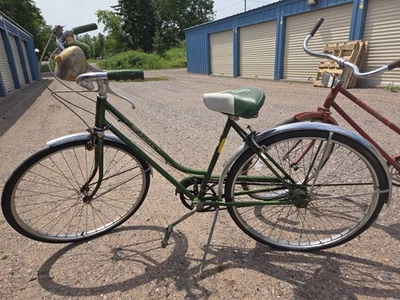 Vintage SCHWINN COLLEGIATE 3  Speed 26" BIKE Green with Chrome Fenders, Basket & - Image 1 of 2