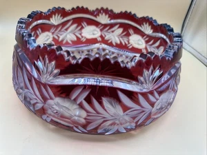 Bohemian Cranberry Ruby Heavy Cut Crystal roses and flowers Decorative Bowl Vtg - Picture 1 of 12