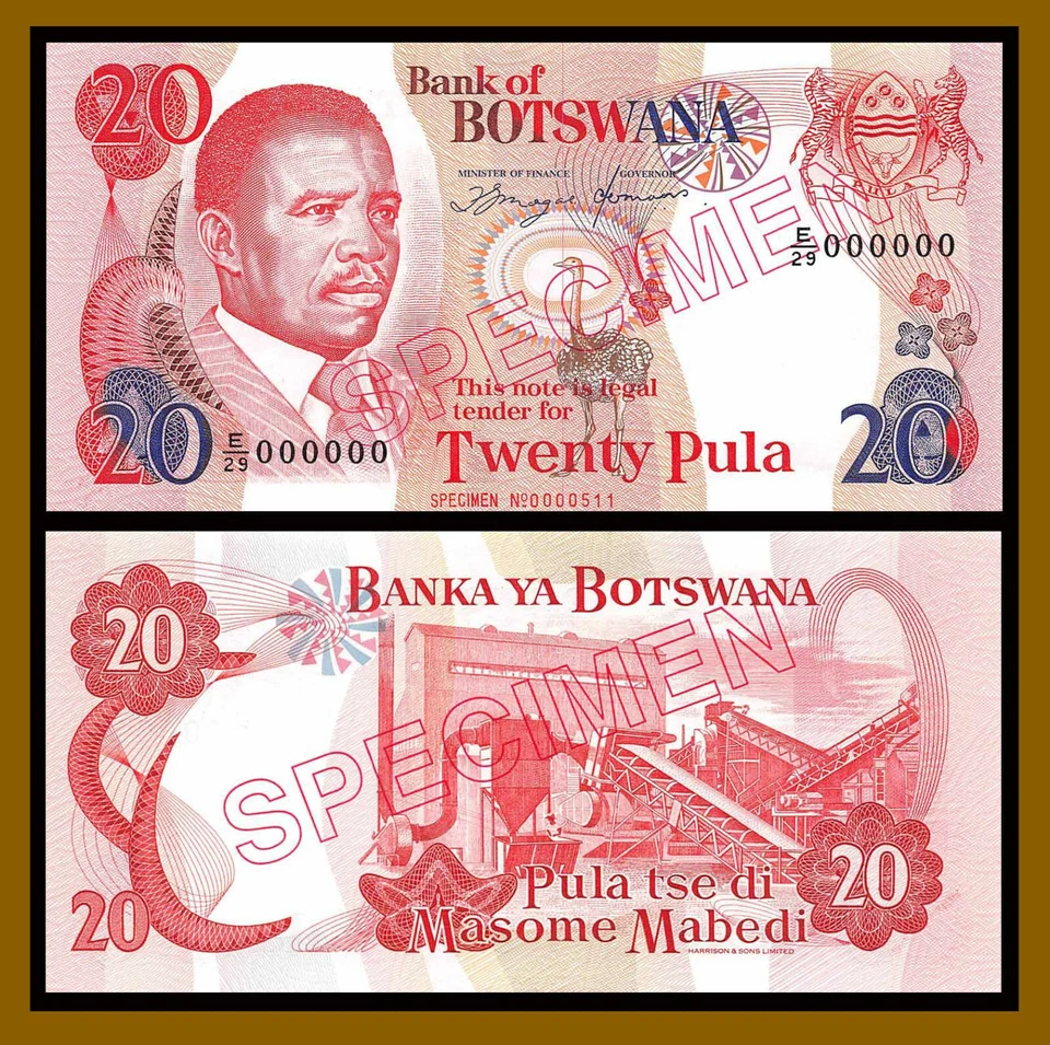 Botsuana 20 Pula, 1993 P-13s Espécimen S/N 511 Prefijo E/29 Unc Foto 1 de 1