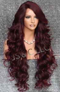 Human Hair Blend Lace Front Wig curly Long Burgundy Mix Heat OK Mono Part RBPR - Picture 1 of 5
