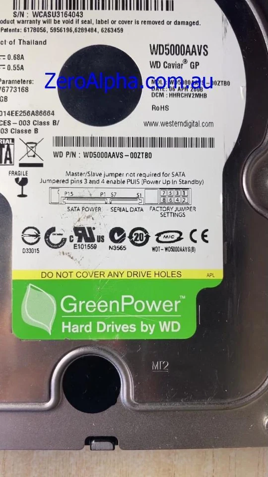 WD5000AAVS-00ZTB0 Western Digital, DCM: HHRCHV2MHB, 06 APR 2008 Data Recovery - Image 1 of 1