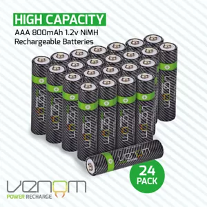 Venom Rechargeable AAA Batteries - High Capacity 800mAh 1.2V NiMH - Pack of 24 - Picture 1 of 11