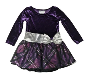 Vestido Bonnie Jean Niña Pequeña 3T Púrpura Terciopelo Cuadros Plateado Lazo Vacaciones - Imagen 1 de 14