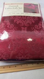 Table Cloth 6 Napkins Damask-Style Pattern Washable, 60" x 104", Burgundy NEW - Picture 1 of 4