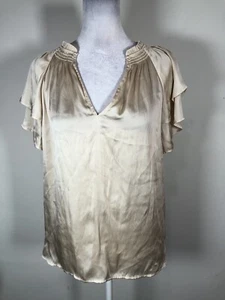 Paige Short Sleeve Ruffle V-Neck Blouse Eco Matte Satin Ecru Size Small - Picture 1 of 7