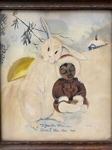 🔥 Unusual Antique Old American Folk Art Painting, Eskimo & Rabbit - 1920 Signed