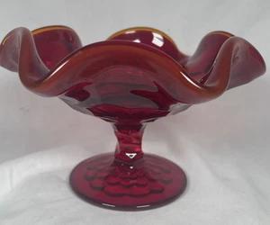 Viking Epic Line Red Orange Rim Glows Pedestal Thumprint Compote Glass - Picture 1 of 15