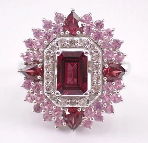 Alianza de boda anillo de diamantes de zafiro rosa granate rodolita de oro blanco de 14 quilates - Imagen 1 de 7