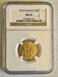 France 1875A 20 Francs Gold NGC MS63 SKU# 3864 - Picture 1 of 2
