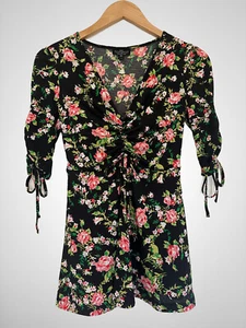 Topshop Petite Mesh Black Multi Floral Ruched 3/4 Tie Sleeve Blouse Top XS 2/4  - Picture 1 of 14