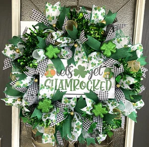 Get Shamrocked St. Patricks Day Gnomes Deco Mesh Front Door Wreath Decoration - Picture 1 of 6