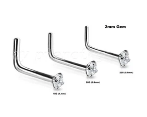 2pcs. 22G 20G 18G 316L Surgical Steel L-Bend Prong Set 2mm CZ Gem Nose Stud Ring - Picture 1 of 1