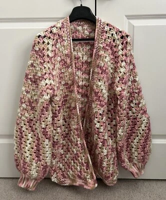 Hexagon Granny Square Cardigan Rose Cream White Medium Balloon Sleeve W/ Cuffs - Image 1 of 4