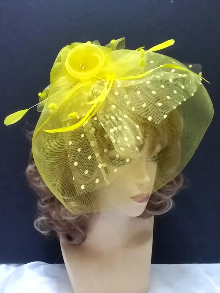 Church Derby Cocktail Fascinator Hat Headband Feather Polka Dot Flower Bow Derby - Image 1 of 1