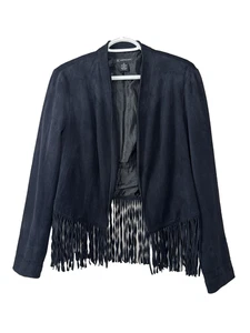 INC Black Faux Suede Fringe M Jacket Concert Boho Western Cowgirl Layers Rodeo - Picture 1 of 7