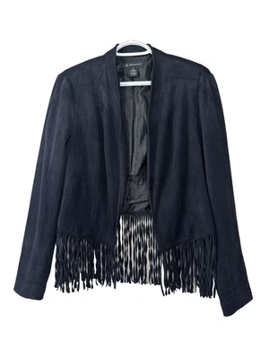 INC Black Faux Suede Fringe M Jacket Concert Boho Western Cowgirl Layers Rodeo - Image 1 of 4