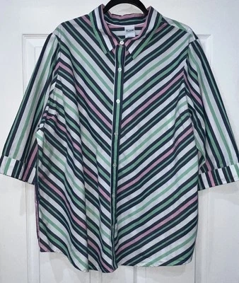 BLAIR 女式蓝色粉色绿色条纹 3/4 袖纽扣衬衫尺寸 2XL — 第 1/4 张图片