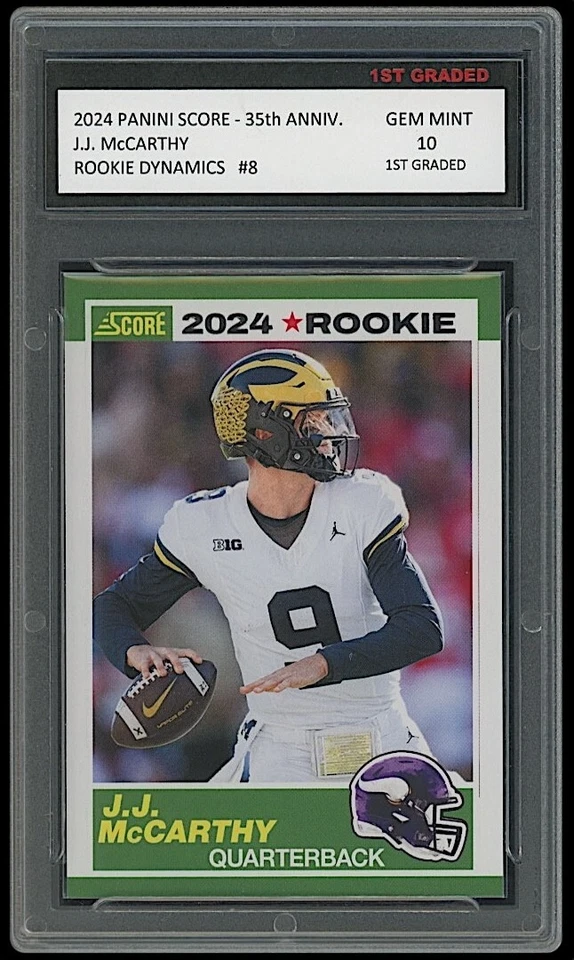 J.J. McCarthy 2024 Panini Score 1st Graded 10 Dynamics Rookie Card #8 Vikings - Image 1 of 1